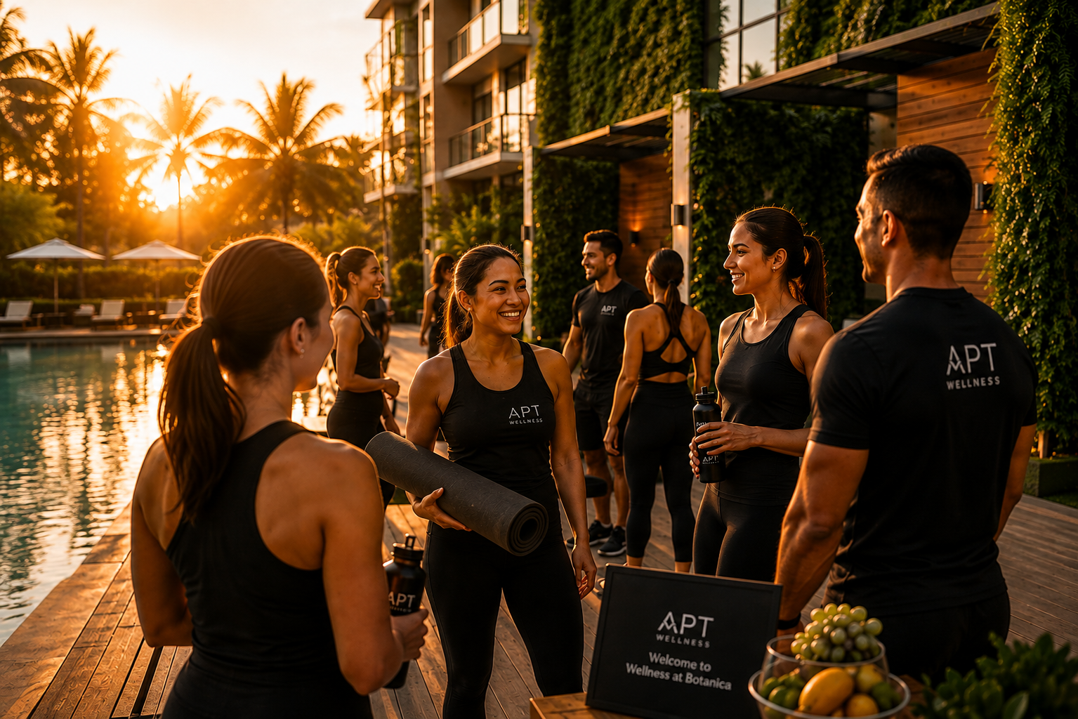 Residents in black APT Wellness apparel gathering by the Botanica pool at sunset, welcomed by their instructor