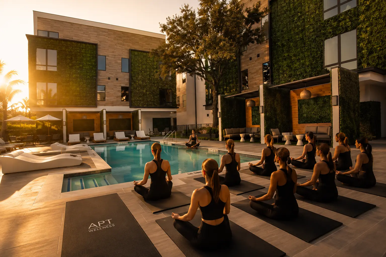 An intimate sunrise yoga class at the Botanica pool, residents in black APT Wellness attire on branded mats, living walls and golden light behind them