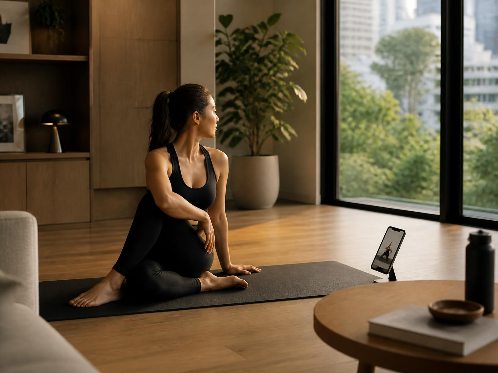A Botanica resident following a guided APT Wellness session on a mat in her own apartment
