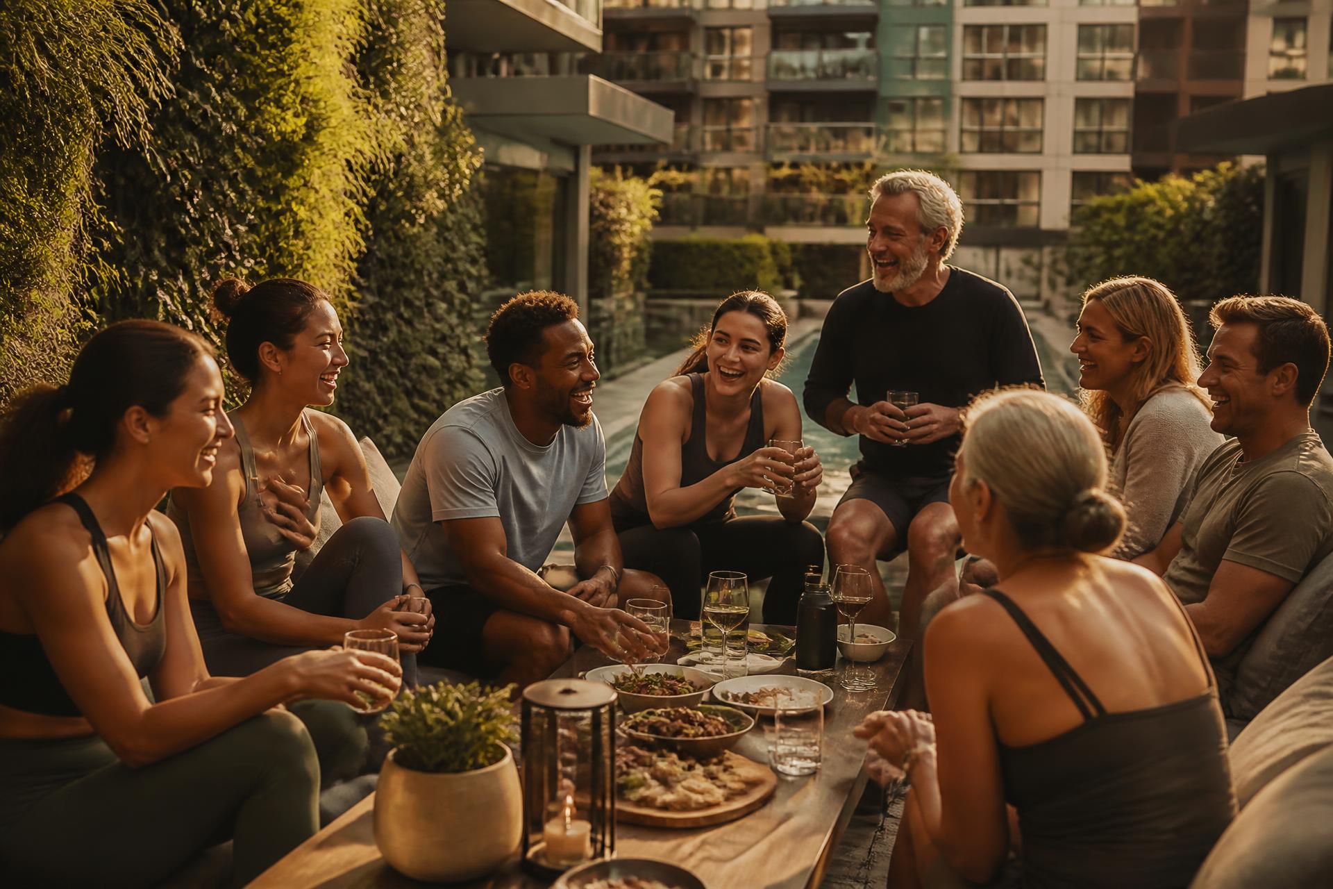 Botanica residents of mixed ages laughing together around a long table in the poolside courtyard