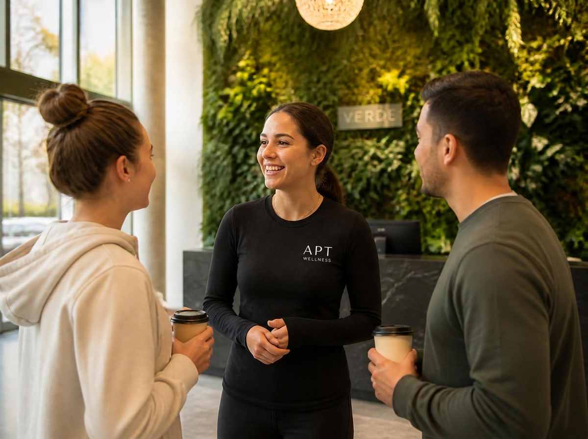An APT Wellness director talking warmly with two Botanica residents beside the lobby living wall