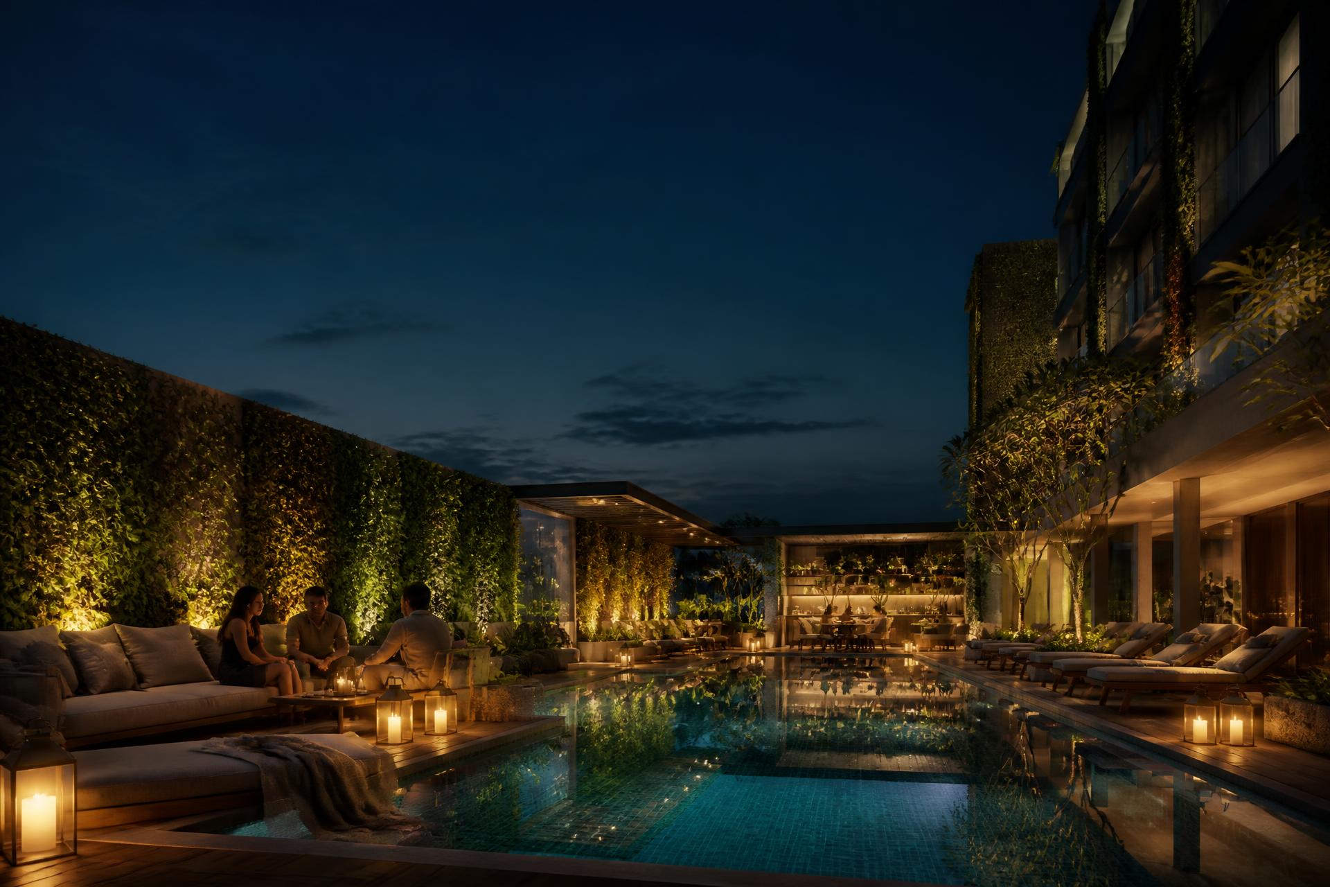 The Botanica pool courtyard at twilight, lanterns lit and residents talking beside the water