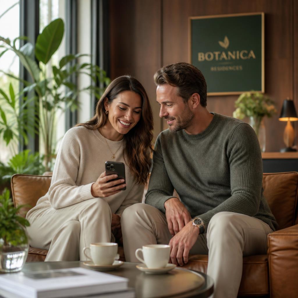 Two Botanica residents in their thirties relaxing in the community lounge and exploring the APT Wellness platform on a phone