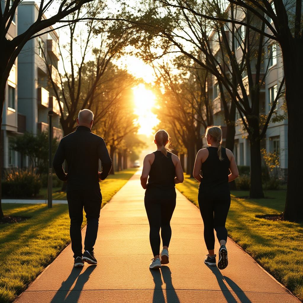 Residents walking together on a tree-lined path outside Botanica at golden hour