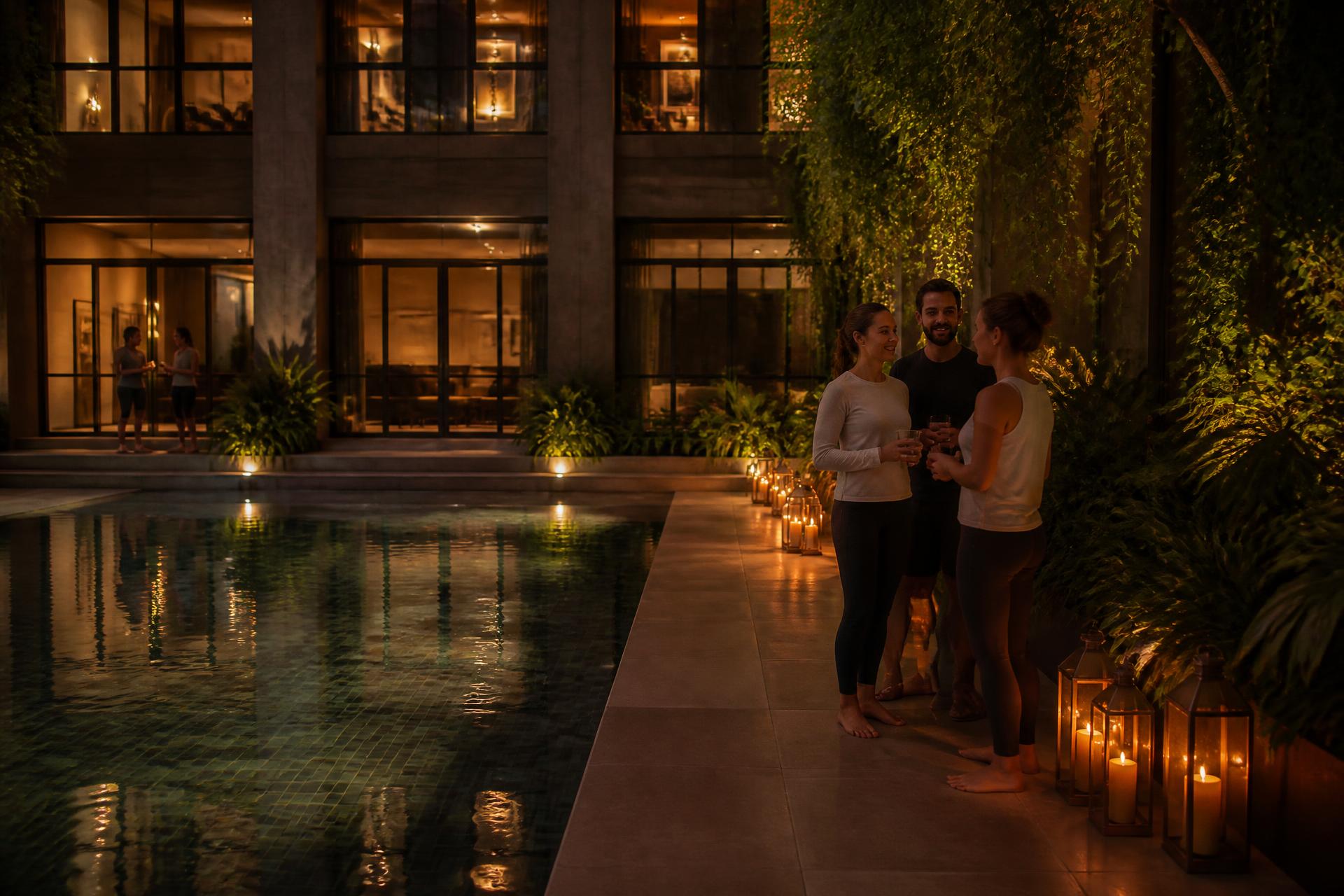 Botanica residents talking beside the lantern-lit pool in the evening after a wellness class