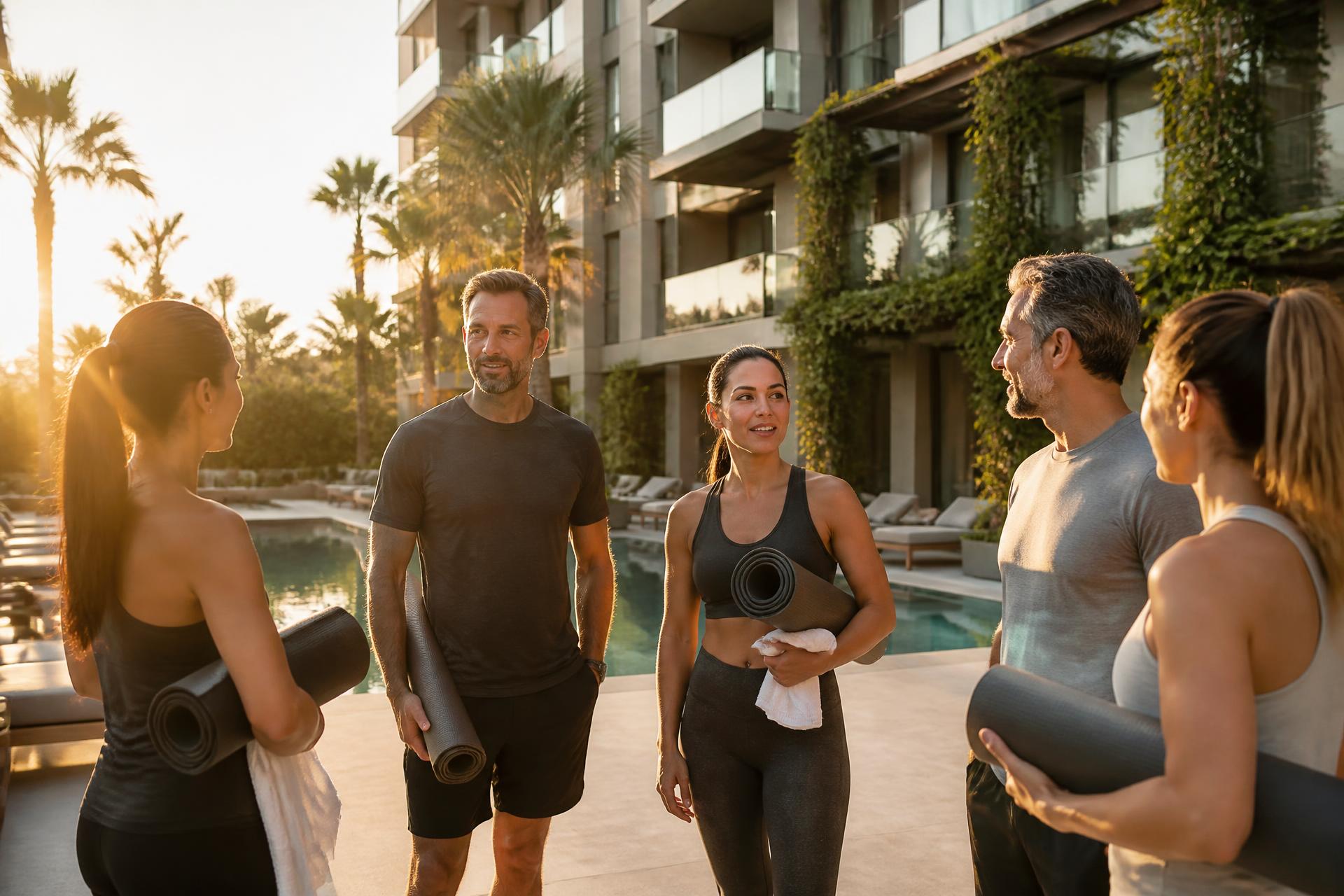 Botanica residents talking together on the pool deck at golden hour after an APT Wellness class, rolled mats in hand