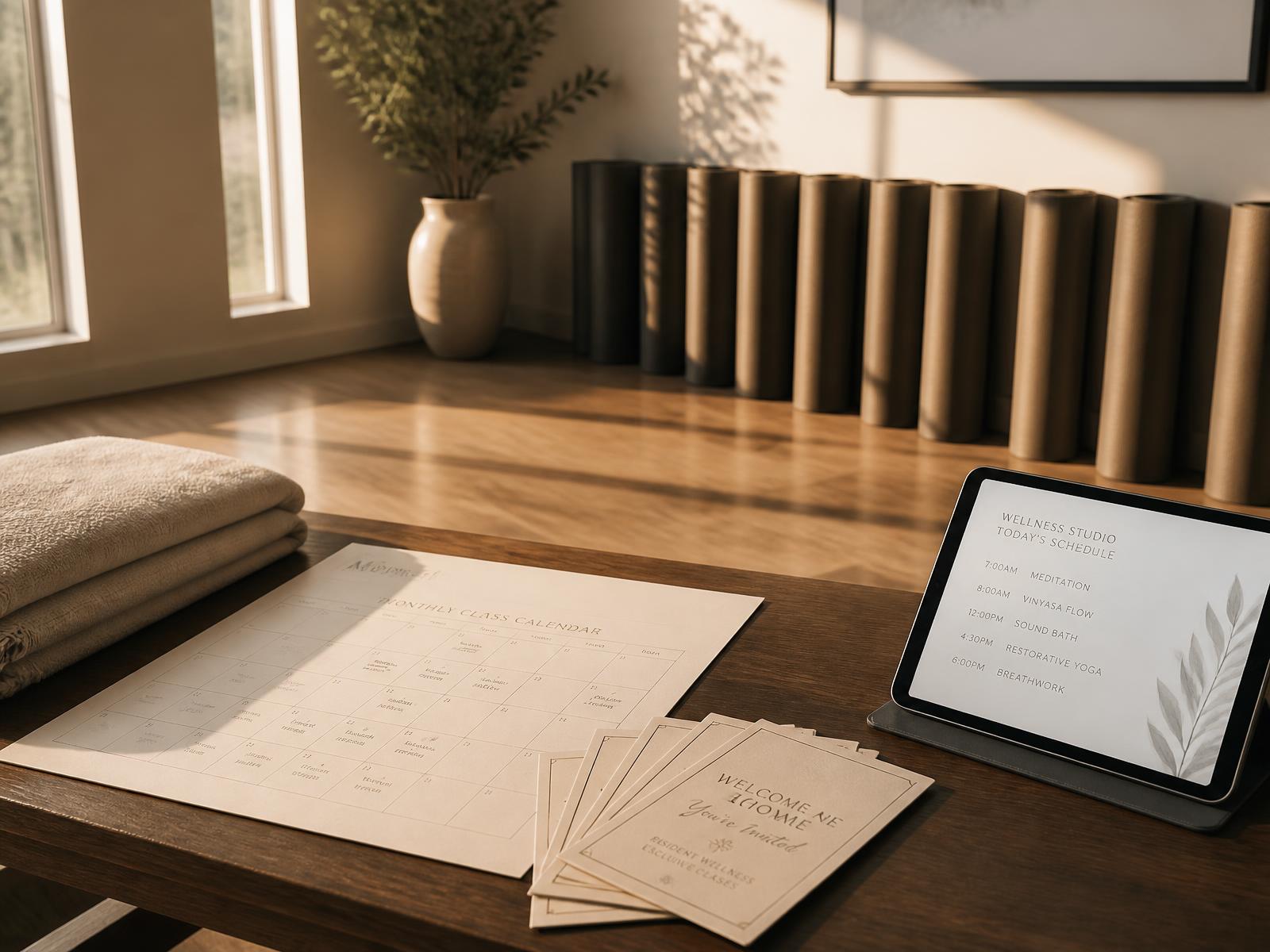 A published class calendar, resident invitations and a schedule on a tablet in a sunlit studio at dawn
