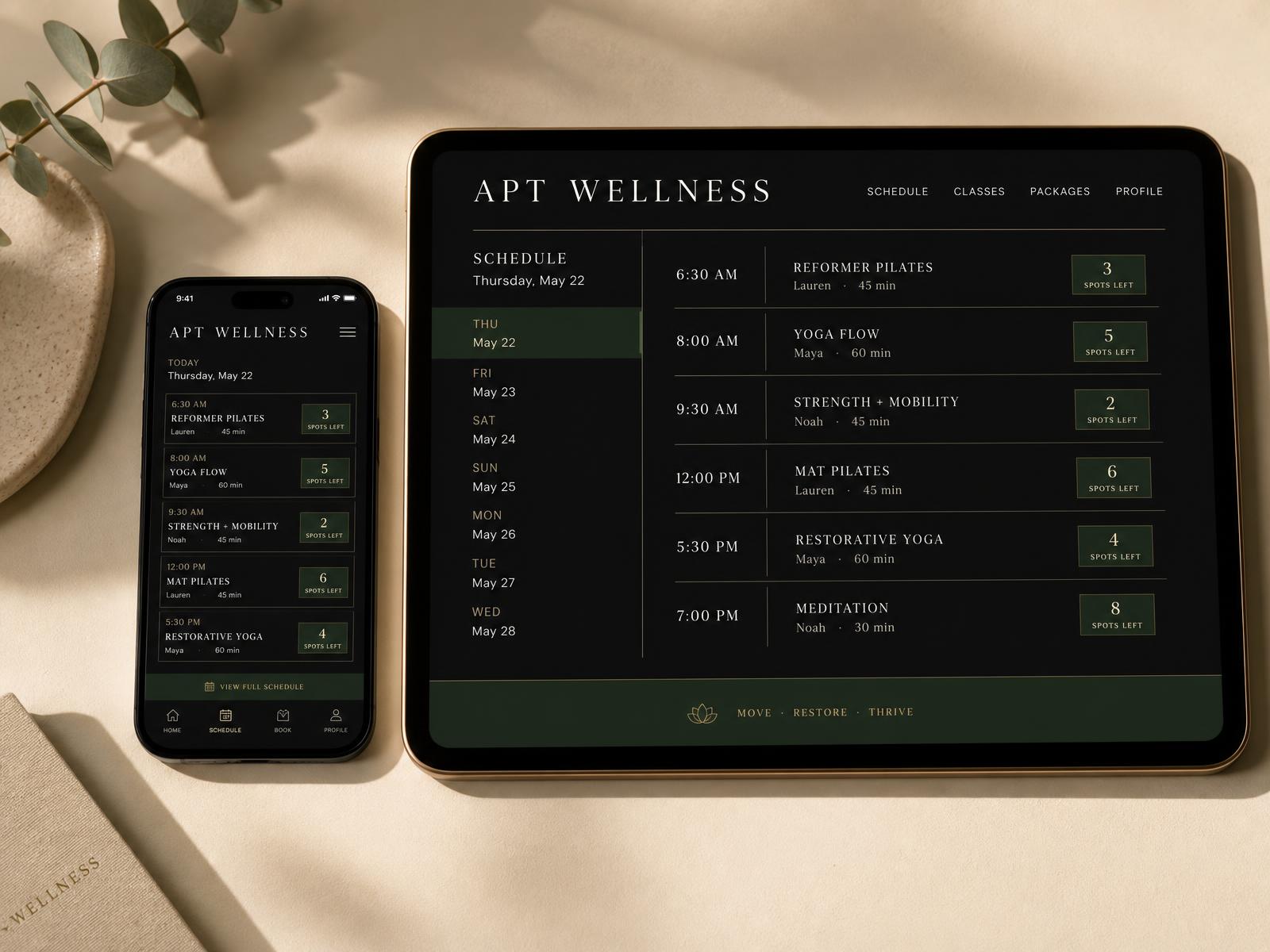 The APT Wellness resident portal and class schedule shown on a phone and tablet